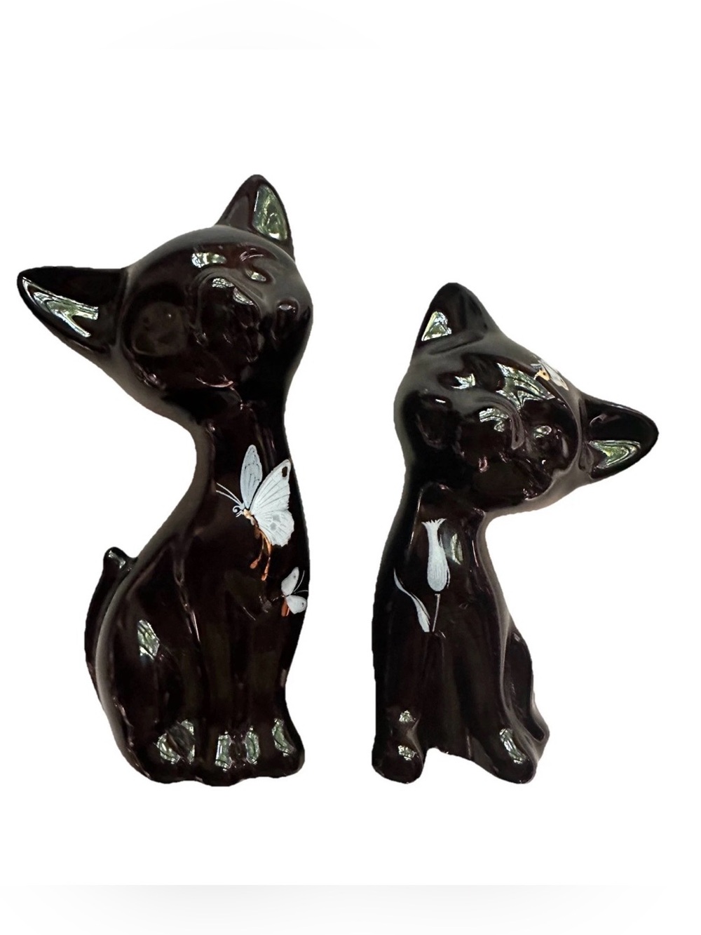 Vintage Mid Century Cat Figurine Pair Set Of 2 Black Floral Butterfly 70s